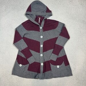 Free People Hooded Button Sweater Womens Size Large Gray Red Stripe